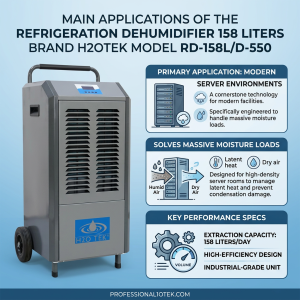 Main applications of the Refrigeration Dehumidifier 158 Liters Brand H2OTEK Model RD-158LD-550