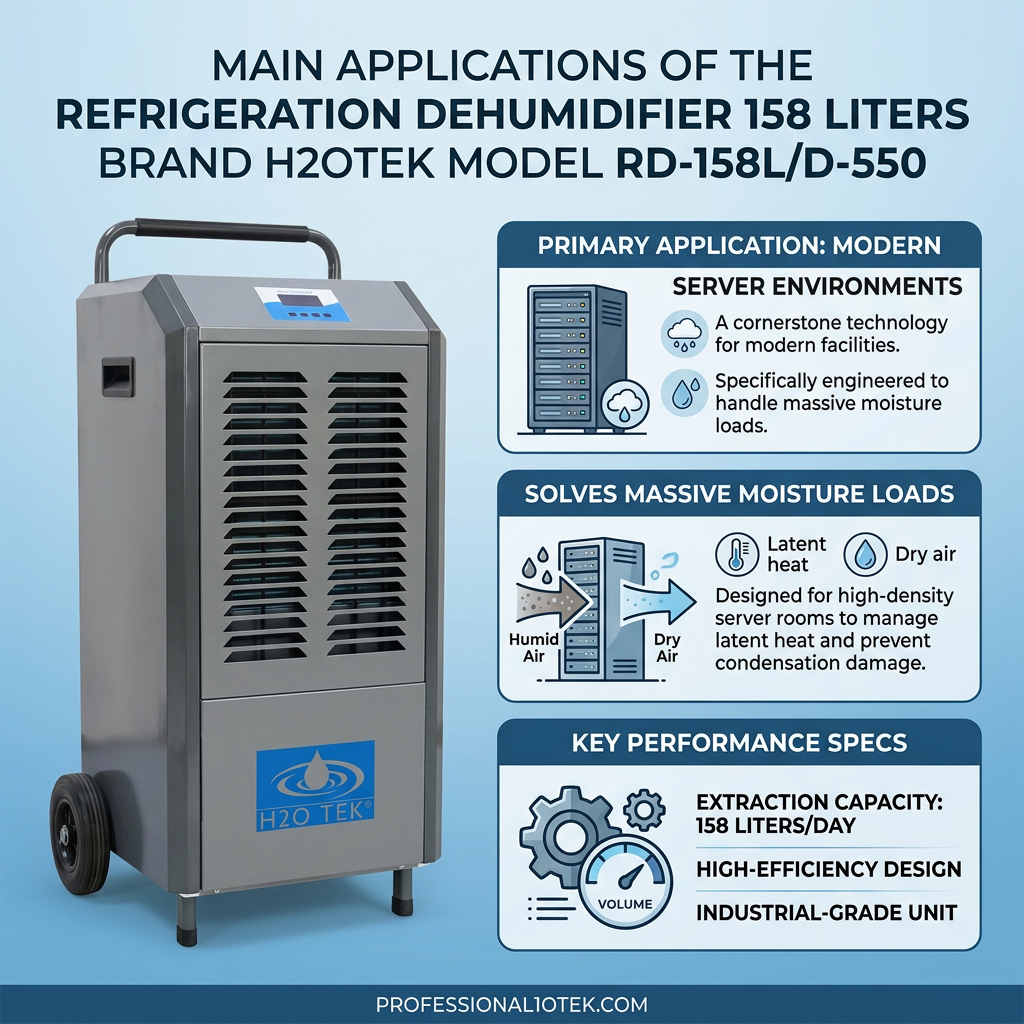 Main applications of the Refrigeration Dehumidifier 158 Liters Brand H2OTEK Model RD-158LD-550