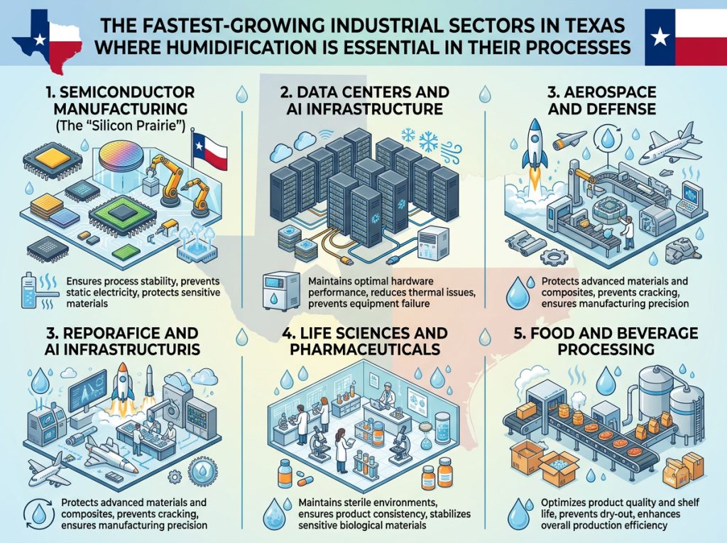 The fastest-growing industrial sectors in Texas where humidification is essential in their processes.
