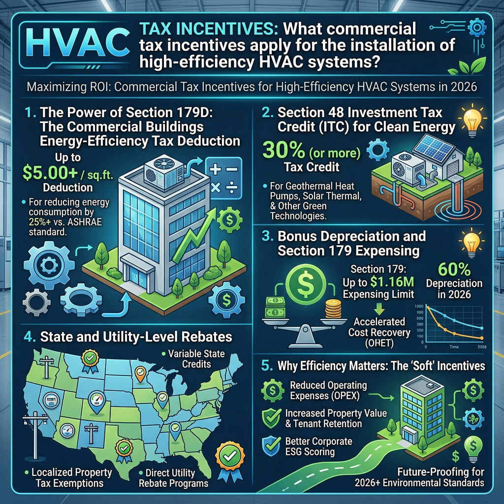 What commercial tax incentives apply for the installation of high-efficiency HVAC systems?